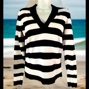⚓️ANN TAYLOR⚓️ COTTON V-NECK STRIPED LONG SLEEVE SUMMER SWEATER EUC☀️